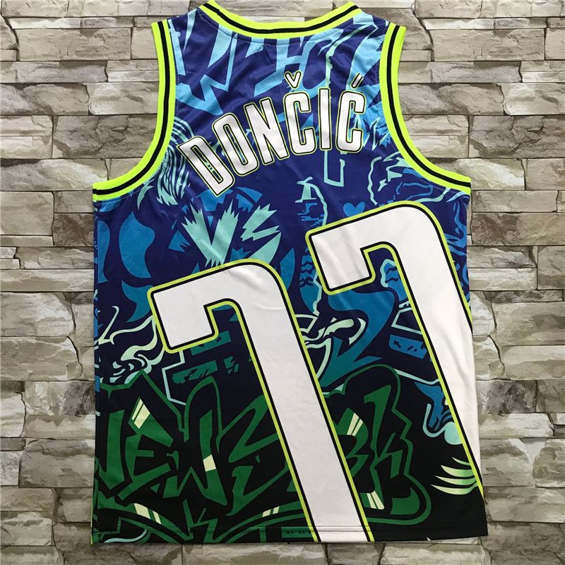 Men Dallas Mavericks #77 Doncic Blue Heat transfer 2021 NBA Jersey